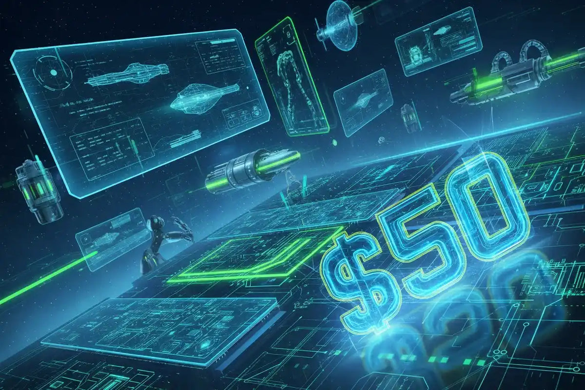 create-me-an-image-with-space-age-tech-in-the-background-and-50-in-the-foreground-using-blue-and-green-colors - True Technology 