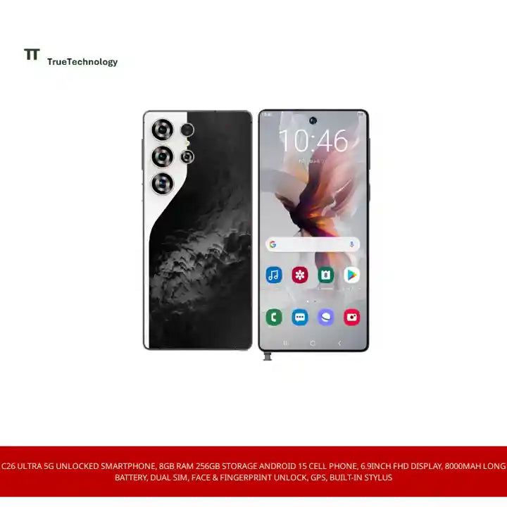 C26 Ultra 5G Unlocked Smartphone, 8GB RAM 256GB Storage Android 15 Cell Phone, 6.9inch FHD Display, 8000mAh Long Battery, Dual SIM, Face & Fingerprint Unlock, GPS, Built-in Stylus by@Outfy